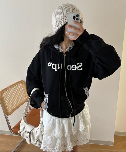 nemne store（ネンネストア）の「【seoup】レースジップフーディ（パーカー・レディース・オフホワイト/杢グレー/ブラック・MEDIUM/SMALL）」の6枚目の写真