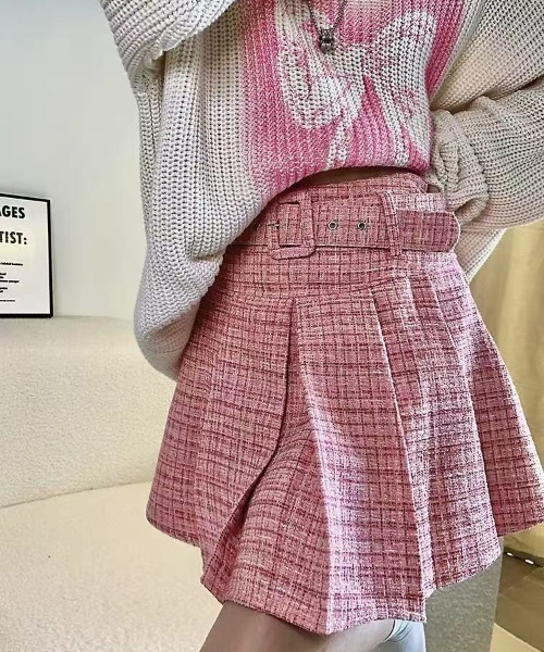 a lot of love（ア ロット オブ ラブ）の「ベルトデザイン ツイードミニプリーツスカート（スカート・レディース・ホワイト/ピンク/ブラック・L/M/S）」の14枚目の写真
