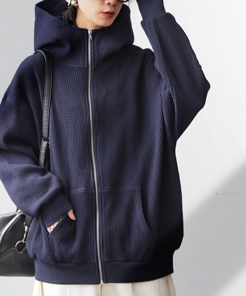 antiqua(アンティカ)の「ジップアップ オニワッフル フーディー(パーカー・レディース・オートミール/スミクロ/杢グレー/ブラウン系その他/ネイビー・ONESIZE)」の6枚目の写真