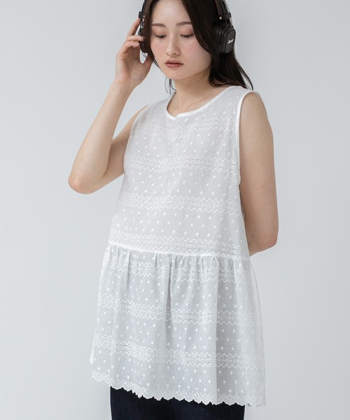 HEILIS(ヘイリス)の「コットンチュニックワンピース/ノースリー部 韓国 刺繍 春服 夏服 ガーリー レース スカラップ フレンチシック トレンド(チュニック・レディース・オフホワイト・FREE)」の3枚目の写真