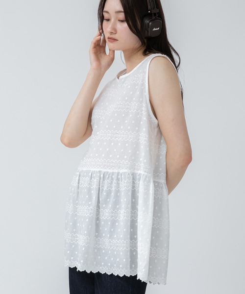 HEILIS(ヘイリス)の「コットンチュニックワンピース/ノースリー部 韓国 刺繍 春服 夏服 ガーリー レース スカラップ フレンチシック トレンド(チュニック・レディース・オフホワイト・FREE)」の4枚目の写真