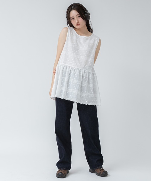 HEILIS(ヘイリス)の「コットンチュニックワンピース/ノースリー部 韓国 刺繍 春服 夏服 ガーリー レース スカラップ フレンチシック トレンド(チュニック・レディース・オフホワイト・FREE)」の6枚目の写真