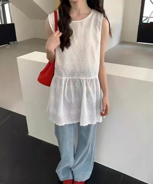 HEILIS(ヘイリス)の「コットンチュニックワンピース/ノースリー部 韓国 刺繍 春服 夏服 ガーリー レース スカラップ フレンチシック トレンド(チュニック・レディース・オフホワイト・FREE)」の20枚目の写真