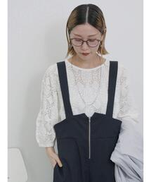 Samansa Mos2 blue | 7分袖花ジャカードプルオーバー(Tシャツ/カットソー)