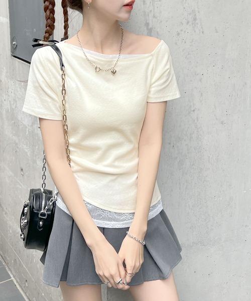 セール】レイヤード風オフショルトップス（Tシャツ/カットソー