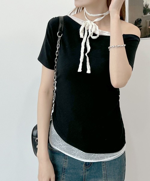 tシャツ レイヤード風オフショルカットトップス レディース レイヤードオフショル風カットトップス – Bab