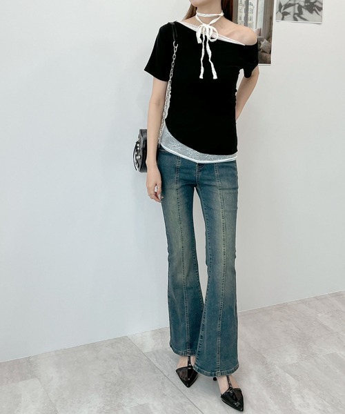 tシャツ レイヤード風オフショルカットトップス レディース レイヤードオフショル風カットトップス – Bab