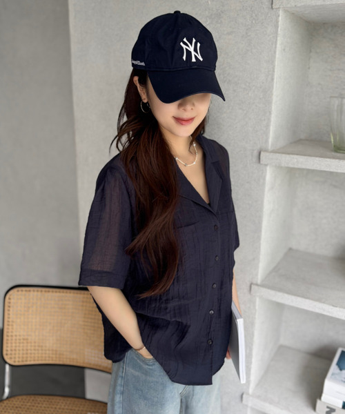 Good Riddance（グッドリダンス）の「【Good Riddance】シワ加工シアー オープンカラー半袖シャツ（シャツ/ブラウス・レディース・オフホワイト/ネイビー/ブラウン・FREE）」の14枚目の写真