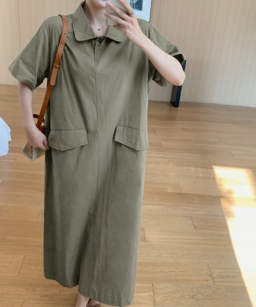 FAVORITO(ファヴォリート)の「襟付きポケット付き半袖ワンピース(ワンピース・レディース・カーキ/ブラック・L/XL)」の6枚目の写真