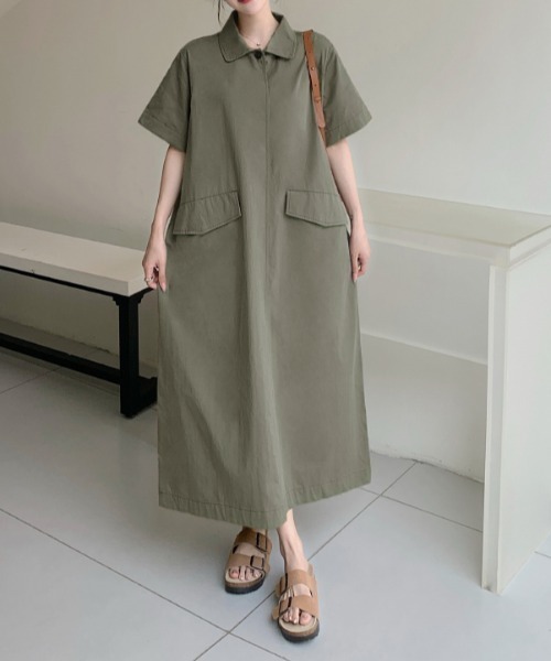 FAVORITO(ファヴォリート)の「襟付きポケット付き半袖ワンピース(ワンピース・レディース・カーキ/ブラック・L/XL)」の3枚目の写真