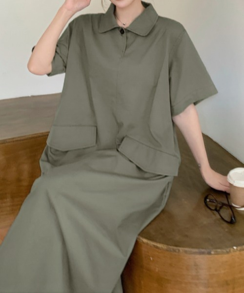 FAVORITO(ファヴォリート)の「襟付きポケット付き半袖ワンピース(ワンピース・レディース・カーキ/ブラック・L/XL)」の4枚目の写真