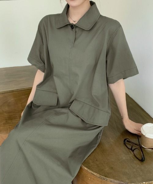 FAVORITO(ファヴォリート)の「襟付きポケット付き半袖ワンピース(ワンピース・レディース・カーキ/ブラック・L/XL)」の5枚目の写真