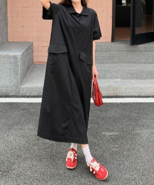 FAVORITO(ファヴォリート)の「襟付きポケット付き半袖ワンピース(ワンピース・レディース・カーキ/ブラック・L/XL)」の17枚目の写真