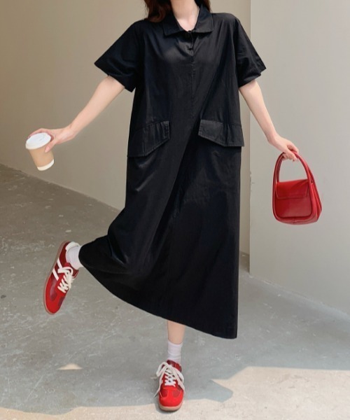 FAVORITO(ファヴォリート)の「襟付きポケット付き半袖ワンピース(ワンピース・レディース・カーキ/ブラック・L/XL)」の14枚目の写真
