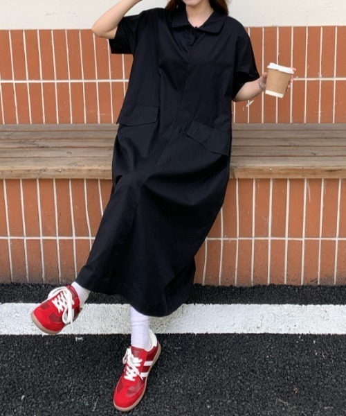 FAVORITO(ファヴォリート)の「襟付きポケット付き半袖ワンピース(ワンピース・レディース・カーキ/ブラック・L/XL)」の10枚目の写真