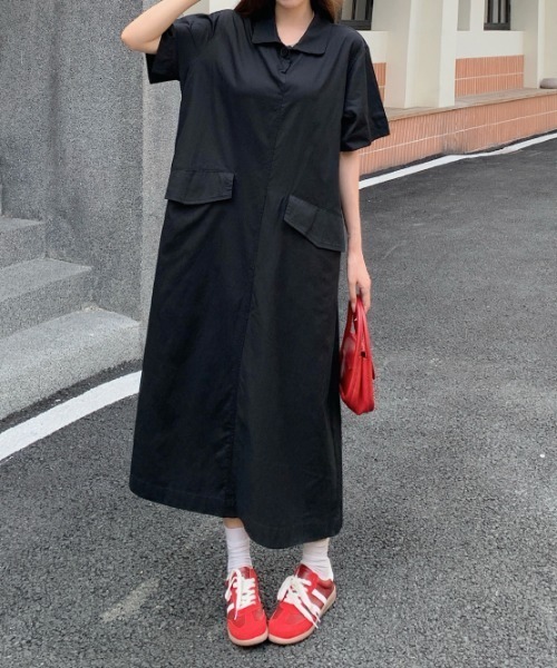 FAVORITO(ファヴォリート)の「襟付きポケット付き半袖ワンピース(ワンピース・レディース・カーキ/ブラック・L/XL)」の12枚目の写真