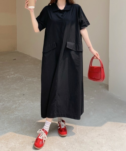 FAVORITO(ファヴォリート)の「襟付きポケット付き半袖ワンピース(ワンピース・レディース・カーキ/ブラック・L/XL)」の16枚目の写真