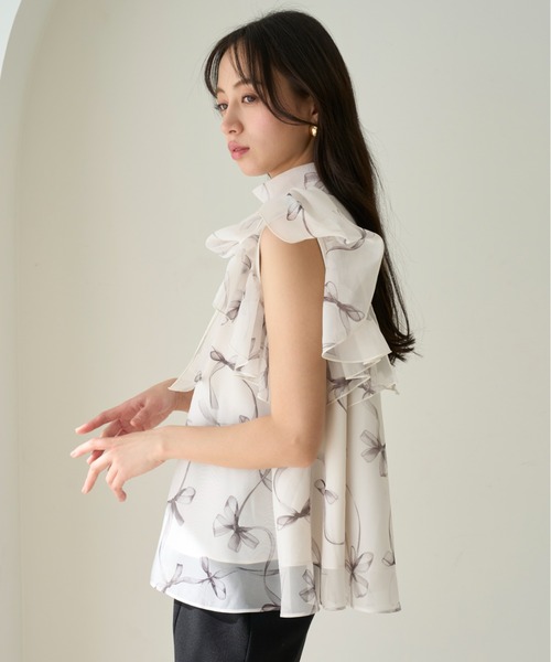 セール】リボンスリーブオーガンシースルーブラウス（シャツ