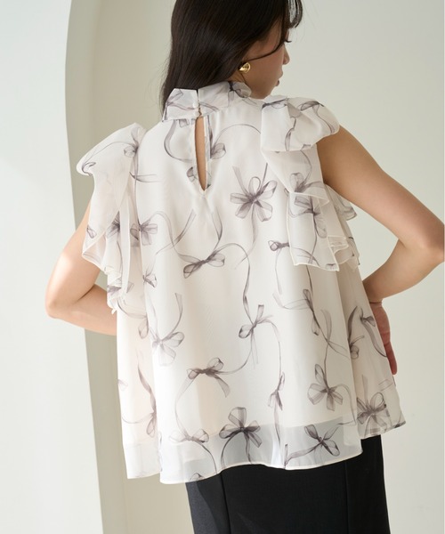 SNIDEL スナイデル　リボンスリーブオーガンシースルーブラウス セール】リボンスリーブオーガンシースルーブラウス（シャツ