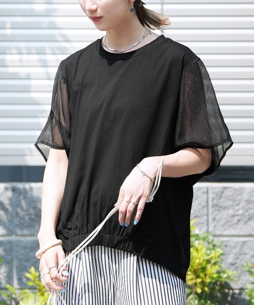tシャツ オーガンジー切替プルオーバー レディース オーガンジー切替ワイドプルオーバー（Tシャツ/カットソー