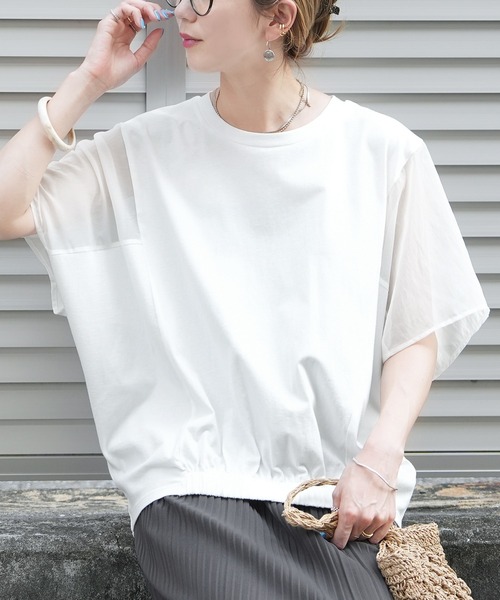 tシャツ オーガンジー切替プルオーバー レディース オーガンジー切替ワイドプルオーバー（Tシャツ/カットソー
