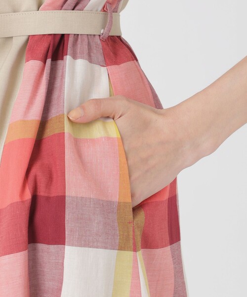 セール】ウェザーストレッチチェックコンビドレス（ワンピース）｜BLUE