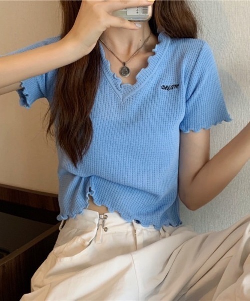 Beststore(ベストストア)の「Tシャツ ショート丈 トップス 刺繍ロゴ(Tシャツ/カットソー・レディース・ホワイト/ブラック/ブルー/ピンク・FREE)」の1枚目の写真