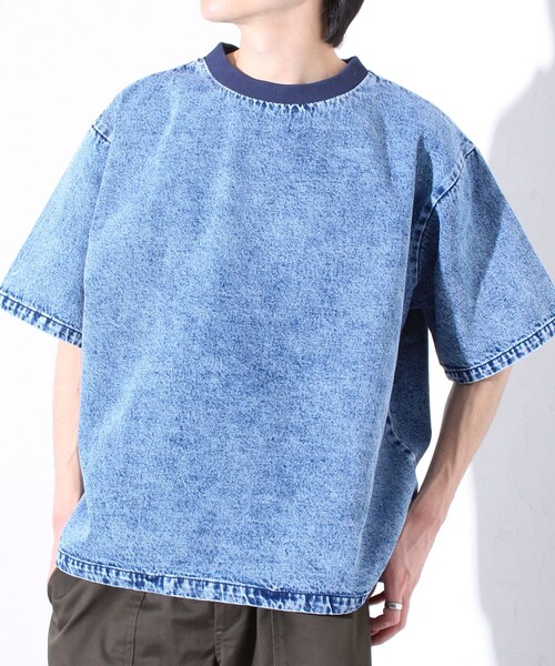 GLOSTER(グロスター)の「【GLOSTER/グロスター】デニムライクカットソー クルーネックTシャツ ドローコード付き(Tシャツ/カットソー・メンズ・インディゴブルー/ブラック/ライトブルー・M/XL/L)」の1枚目の写真