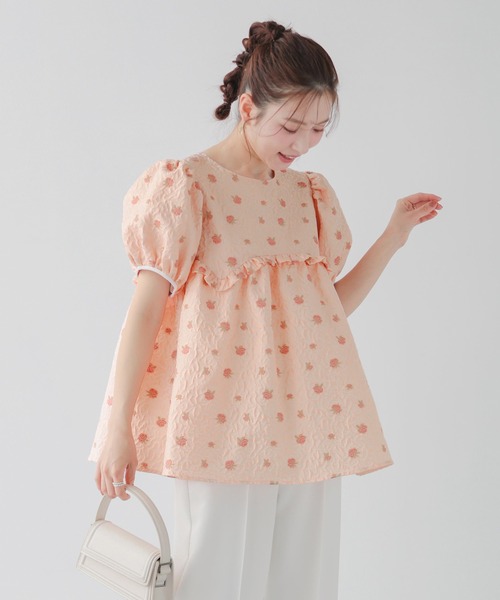 Fit more ジャガードボリューム袖フレアトップス 千鳥 オフ　完売品 セール】フラワージャガード袖パイピングトップス（その他
