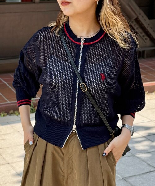 カーディガン 「U.S. POLO ASSN.」クルーネックメッシュカーディガン レディース U.S. POLO ASSN.】クルーネックメッシュカーディガン
