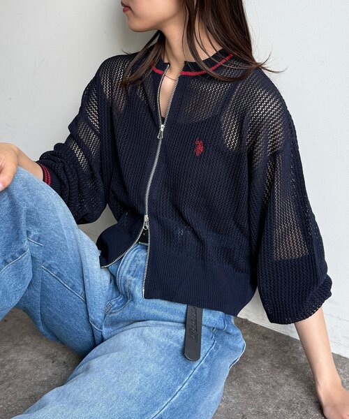 カーディガン 「U.S. POLO ASSN.」クルーネックメッシュカーディガン レディース U.S. POLO ASSN.】クルーネックメッシュカーディガン