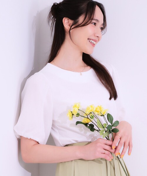 DRESKIP(ドレスキップ)の「◆【S-LL/ひんやり/UV】お袖シアー バルーントップス(Tシャツ/カットソー・レディース・グリーン系/ブラック/イエロー系その他/オフホワイト・01/02/03/04)」の2枚目の写真