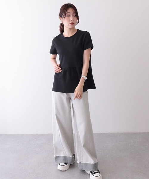 Lace Ladies（レースレディース）の「ソリッドカラー クルーネック ペプラム 半袖 Tシャツ（Tシャツ/カットソー・レディース・ブラック/グレイッシュベージュ/チャコールグレー/ホワイト/モカ・S/FREE）」の6枚目の写真