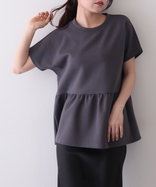 Lace Ladies（レースレディース）の「ソリッドカラー クルーネック ペプラム 半袖 Tシャツ（Tシャツ/カットソー・レディース・ブラック/グレイッシュベージュ/チャコールグレー/ホワイト/モカ・S/FREE）」の14枚目の写真