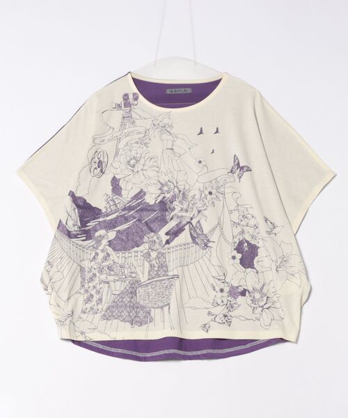 tシャツ 552228：海辺のティータイム柄 切替プルオーバー レディース セール】552228：海辺のティータイム柄 切替プルオーバー（T