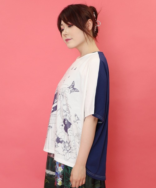 tシャツ 552228：海辺のティータイム柄 切替プルオーバー レディース セール】552228：海辺のティータイム柄 切替プルオーバー（T