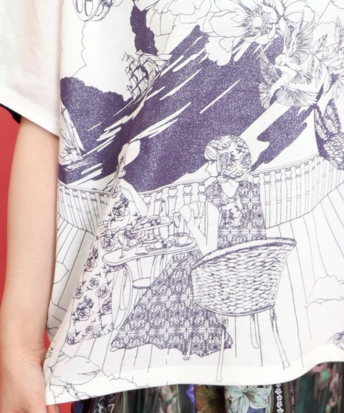 tシャツ 552228：海辺のティータイム柄 切替プルオーバー レディース セール】552228：海辺のティータイム柄 切替プルオーバー（T