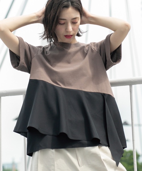 OPAQUE.CLIP(オペークドットクリップ)の「アシンメトリー切替ドッキングトップス(Tシャツ/カットソー・レディース・チャコール/ホワイト/ブラウン系6/ブラック・00)」の4枚目の写真