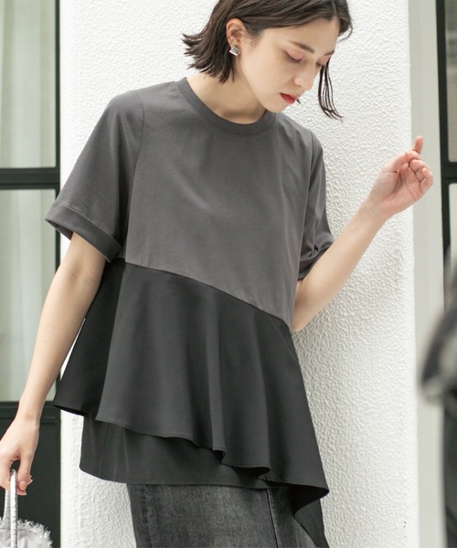 OPAQUE.CLIP(オペークドットクリップ)の「アシンメトリー切替ドッキングトップス(Tシャツ/カットソー・レディース・チャコール/ホワイト/ブラウン系6/ブラック・00)」の5枚目の写真