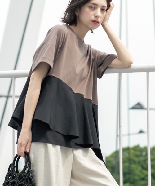 OPAQUE.CLIP(オペークドットクリップ)の「アシンメトリー切替ドッキングトップス(Tシャツ/カットソー・レディース・チャコール/ホワイト/ブラウン系6/ブラック・00)」の14枚目の写真