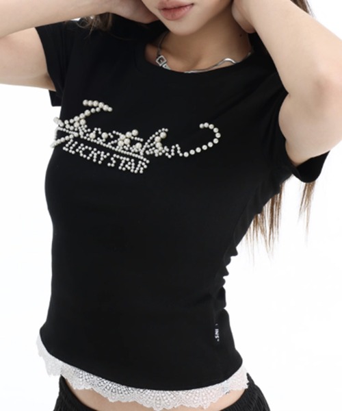 A'GEM9（エージェムナイン）の「A'GEM/9 × .kom 『INSstudios/インスステュディオス』パールロゴTシャツ（Tシャツ/カットソー・レディース・ブラック/グレー・MEDIUM）」の6枚目の写真