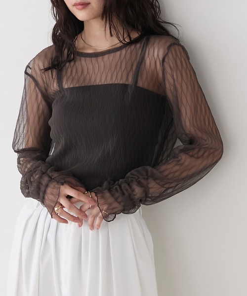 forksy.(フォルクシー)の「【forksy.】プリーツシアーシャーリングスリーブトップス(Tシャツ/カットソー・レディース・イエロー/ダークブラウン/アイボリー/ブラック/チャコールグレー/ネイビー/ピンク・FREE)」の1枚目の写真