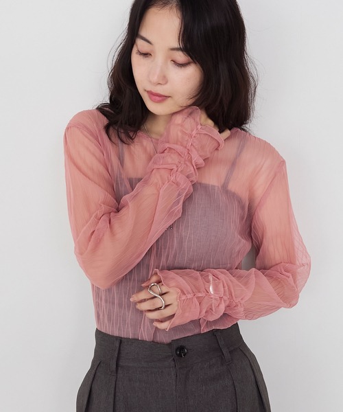 forksy.(フォルクシー)の「【forksy.】プリーツシアーシャーリングスリーブトップス(Tシャツ/カットソー・レディース・イエロー/ダークブラウン/アイボリー/ブラック/チャコールグレー/ネイビー/ピンク・FREE)」の7枚目の写真