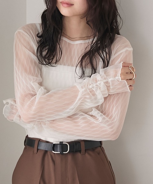 【新品未使用】airy fringe sheer tops(white) forksy.】プリーツシアーシャーリングスリーブトップス（Tシャツ