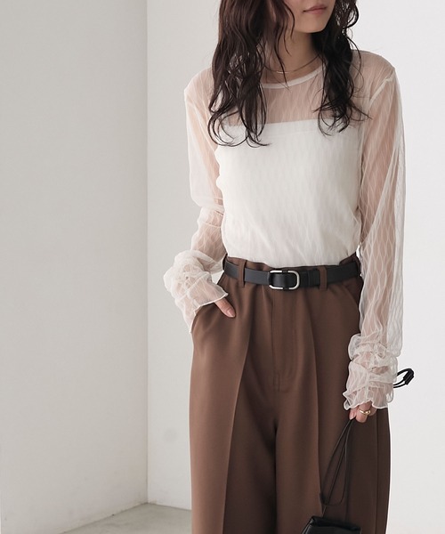 forksy.(フォルクシー)の「【forksy.】プリーツシアーシャーリングスリーブトップス(Tシャツ/カットソー・レディース・イエロー/ダークブラウン/アイボリー/ブラック/チャコールグレー/ネイビー/ピンク・FREE)」の13枚目の写真