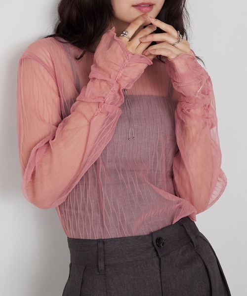 セール】【forksy.】プリーツシアーシャーリングスリーブトップス（T
