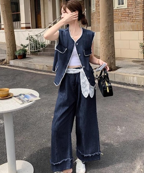 レーストリムノースリーブデニムベスト ＋ フリンジワイドレッグデニム