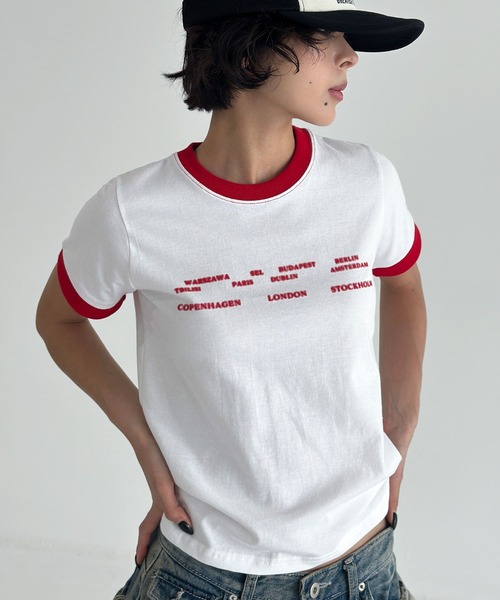 UNE MANSION(ユヌマンション)の「ユニークロゴバイカラークロップド半袖Tシャツ(Tシャツ/カットソー・レディース・ブラック/ホワイト/グリーン/レッド・FREE)」の11枚目の写真