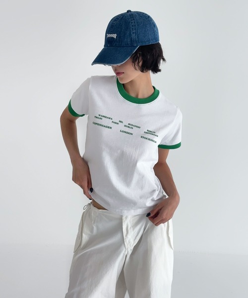 UNE MANSION(ユヌマンション)の「ユニークロゴバイカラークロップド半袖Tシャツ(Tシャツ/カットソー・レディース・ブラック/ホワイト/グリーン/レッド・FREE)」の8枚目の写真