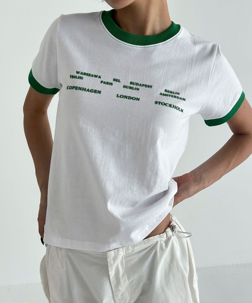 UNE MANSION(ユヌマンション)の「ユニークロゴバイカラークロップド半袖Tシャツ(Tシャツ/カットソー・レディース・ブラック/ホワイト/グリーン/レッド・FREE)」の9枚目の写真